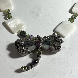 Vintage Dragonfly sterling necklaces with semi precious stones and shell